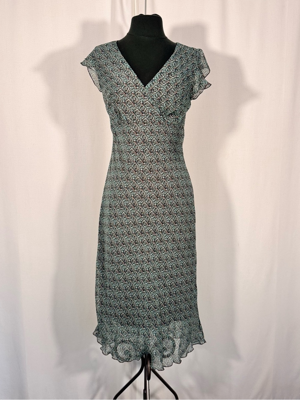 Vintage Blue and Brown Chiffon Midi Dress